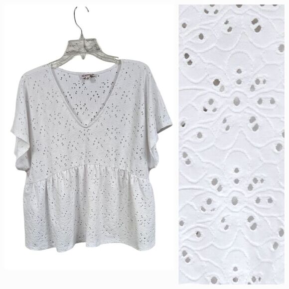 Nanette Lepore White Eyelet V-Neck Peplum Top Sheer Summer Casual Resort Vacay - Picture 1 of 7